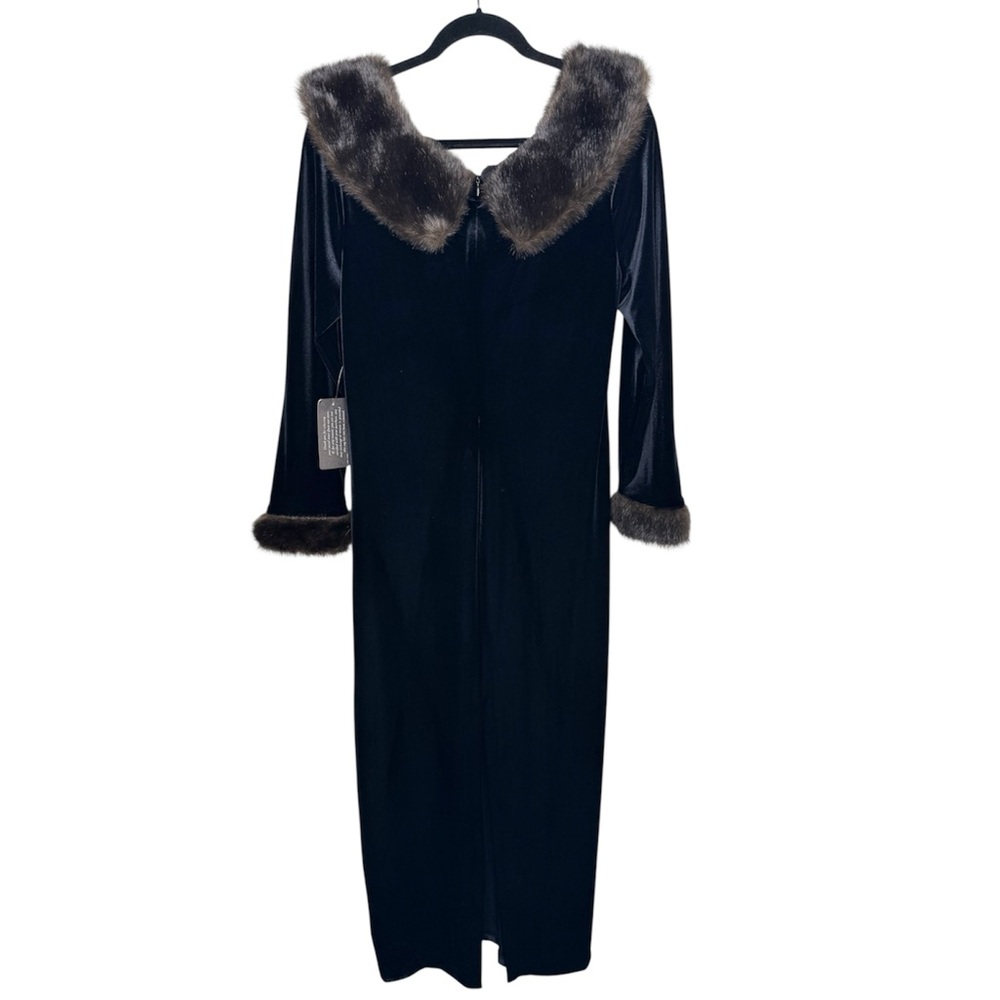 Patra womens L black velvet long sleeve fur cuff maxi dress witchy Gala formal - Picture 2 of 9